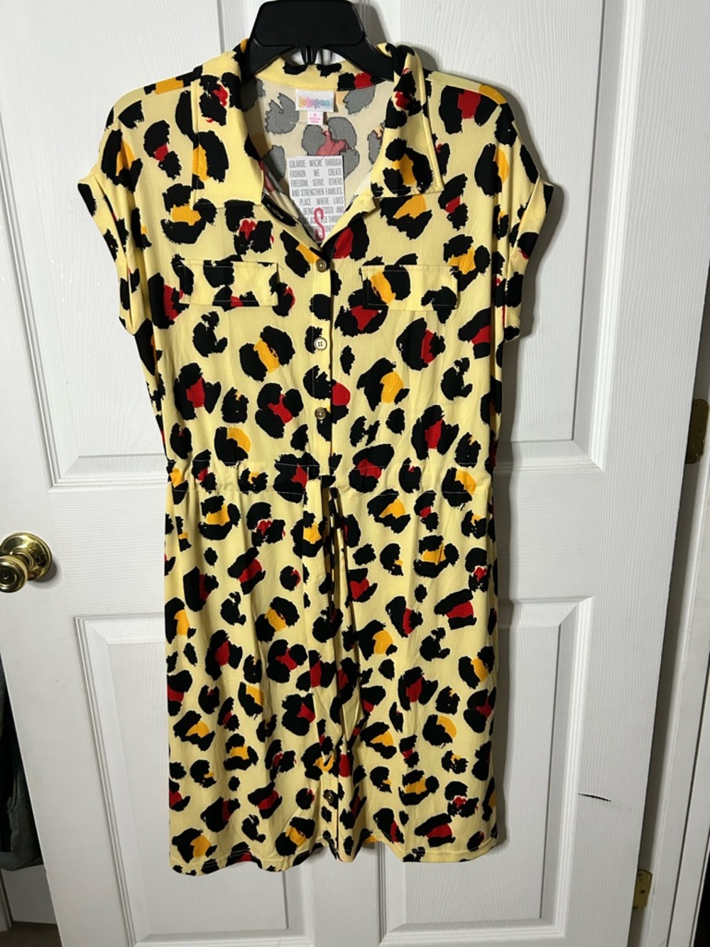 Leopard Print Button Front Shirt Dress - Yellow with Black, Red & Mustard Spots